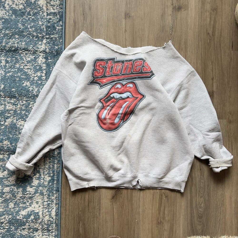 Vintage 1997 Rolling Stones Tongue Sweatshirt Distressed Cropped Gray L